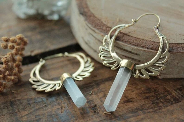 Large Gold Plated Crystal Afghani Brass Hoops Earrings Tribal Mandala Hoops