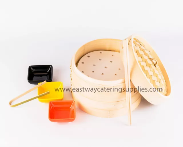 Authentic Oriental Natural Bamboo Steamer Set + DimSum Paper, Chopsticks & Tong