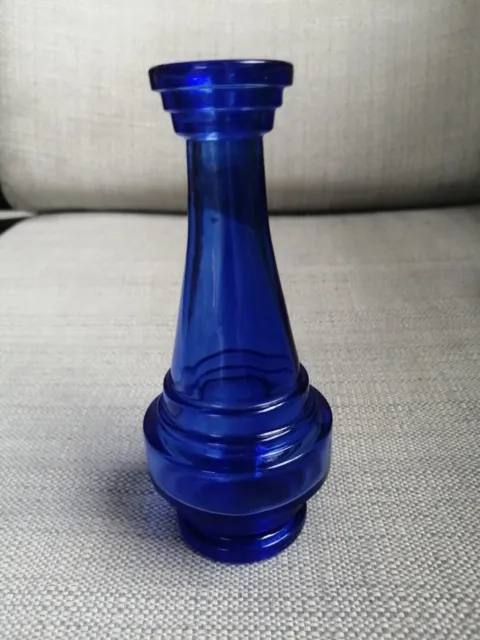 Vintage Cobalt Blue Glass Bud Vase Bottle Hooped Art Deco Style Stepped 14 cms.