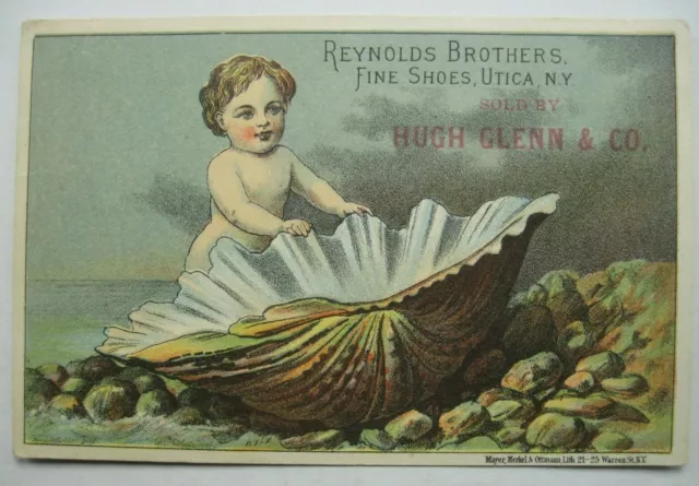 Victorian Trade Card Cherub & Giant Clam Shell Reynolds Fine Shoes Utica NY