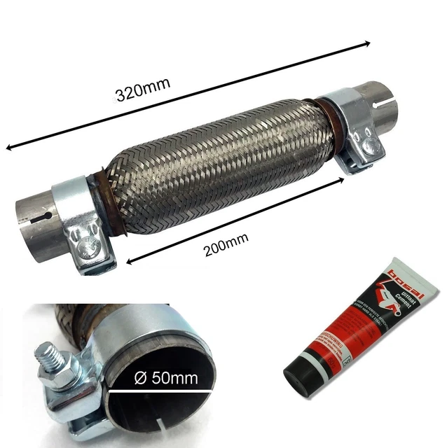Edelstahl Flexrohr Auspuff 50 x 200 mm 2 Schellen ohne Schweißen mit BOSAL Paste