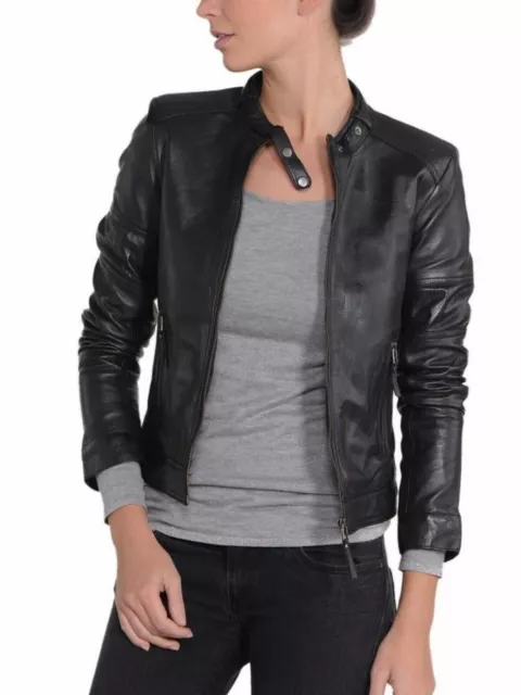 Jacket Womens Leather Biker Motorcycle Coat Vintage Lambskin Slim Fit Black A14