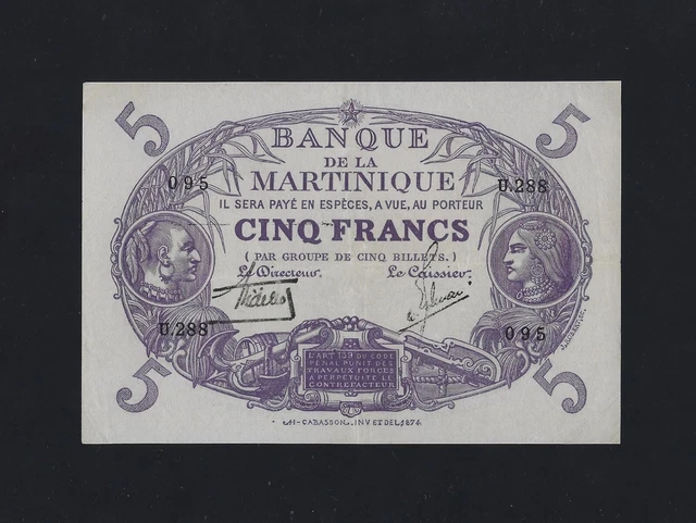 MARTINIQUE 5 FRANCS 1901 - 1934 P-6 XF-AUNC FRANCE Guadeloupe