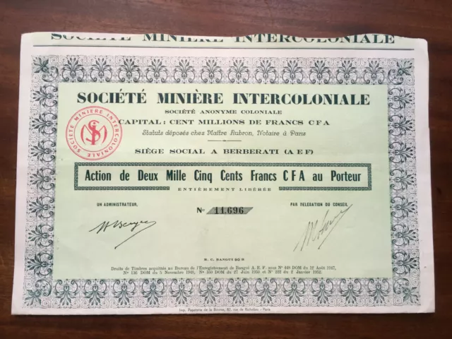 Sté Minière Intercoloniale, SA Coloniale - Action de 2500F CFA - Berberati (AEF)