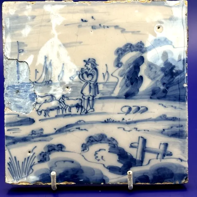 Antique English London Tile With Sheep and Shepherd 18th Century