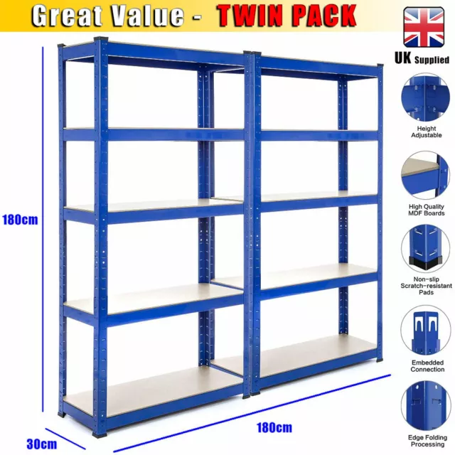 2X 180cm 5-Tier Heavy Duty Metal Garage Shelving Unit Storage Shelves Shed Rack