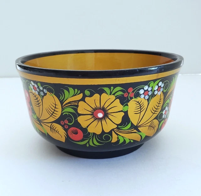Vintage Russian Khokhloma Wood Bowl Black Lacquer Hand Painted Floral Art 6.5"