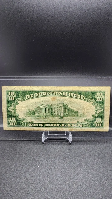 1934-C Ten Dollar Bill $10 Green Seal OFF CENTER Federal Reserve Note Currency 2