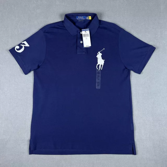 Ralph Lauren Polo Shirt Mens Large Navy Blue Big Pony Custom Slim Fit 3 Logo New