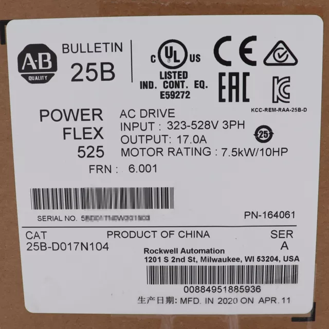 Allen-Bradley PowerFlex 525 25B-D017N104 AC Drive 7.5kw/10HP US STOCK