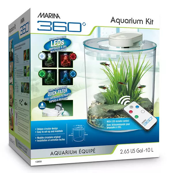 Marina 360 Aquarium 10L Fish Tank with Remote LED Lighting Kid Starter Beginner
