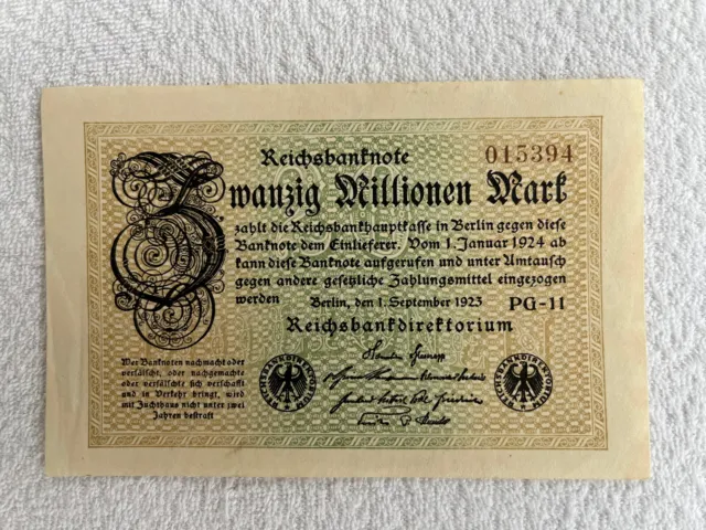 Reichsbanknote 20 Millionen Mark , Inflation, Berlin, 1. September 1923