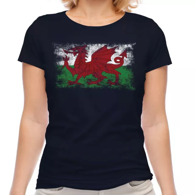 Wales Distressed Flag Ladies T-Shirt Top Welsh Football Gift Shirt Jersey