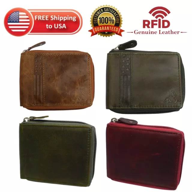Mens Genuine Leather Wallet RFID Zipper Bifold Purse ID Credit Card Holder Purse