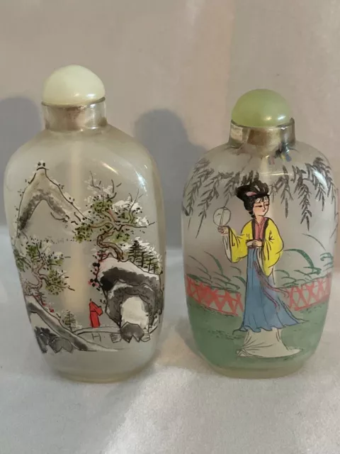 Pair Beautiful Vintage Glass Reverse both sides Painted Japanese Snuff Bottle