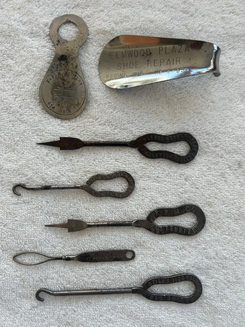 7 METAL ANTIQUE Racine Wisconsin Items Shoe Horns, Button Hooks, Milk ...