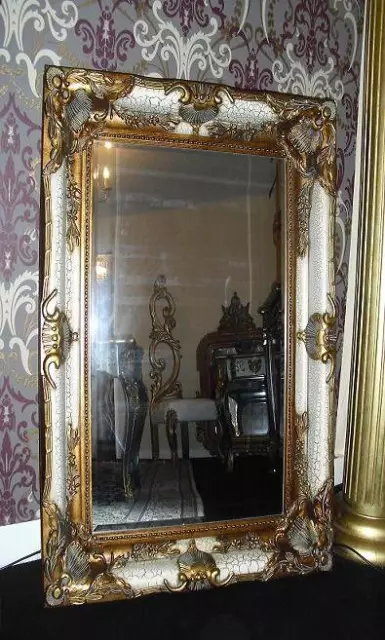 Très beau grand miroir cheminée / mur en bois 150X90 blanc et doré style baroque