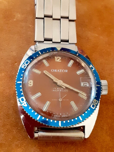 Raro Rologio Diver Orator Swiss Made Mov. Mecc. Manuale Dial Brown Watch Vintage