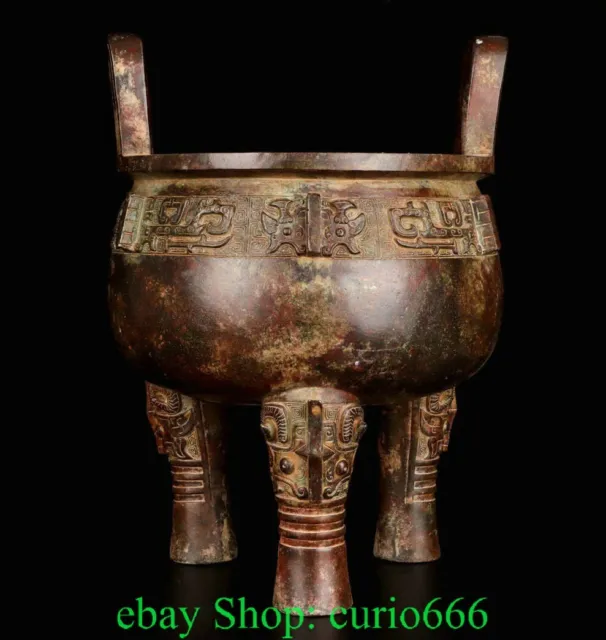 15'' Old Xizhou Dynasty Bronze Ware Beast Face 3 Leg Portable Incense Burner