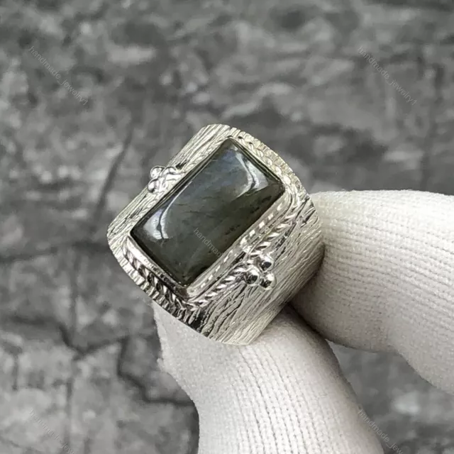 Natural Labradorite Gemstone 925 Silver Statement Ring Size 8.5 For Women