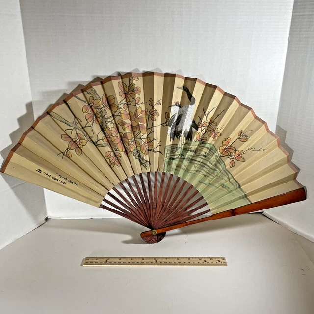 Asian Folded Fan Cranes Flowers Wall Hanging Cloth/Paper 27 x 16 Painted Signed
