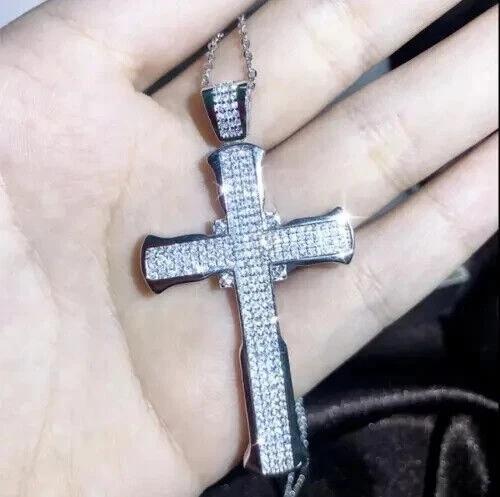 2Ct Round Cut Lab Created Diamond Cross Pendant 14K White Gold Plated Free Chain