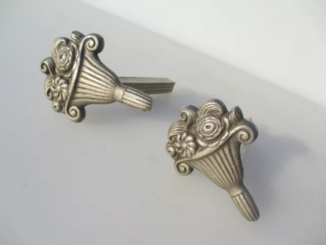 Vintage Nickel Curtain Pole Holder Bracket Mount Old Bouquet Floral Flowers