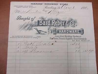 Vintage letterhead Bard Reber & Co Hardware Reading PA Iron Steel 8/6/1890