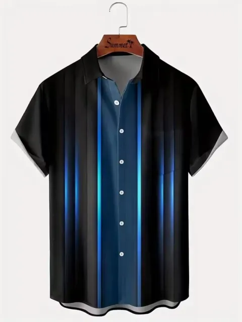 PLUS SIZE BUTTON Up Shirt Gradient Stripe Black Blue Contrast Short ...