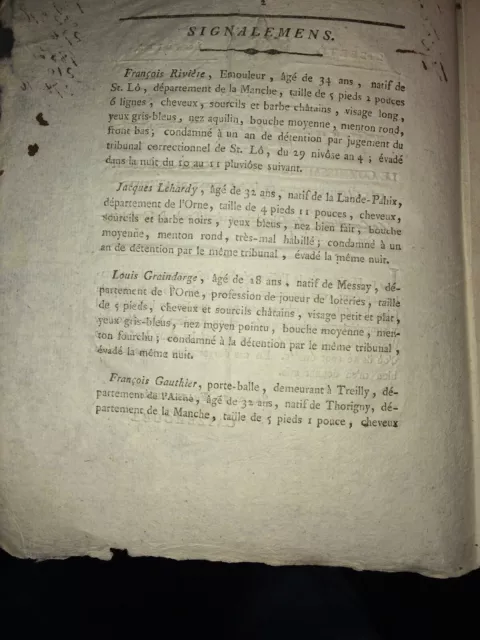 1797 (An V). Signalements De 37 Individus Recherchés. 2