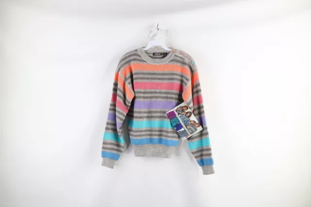 NOS Vintage 80s Streetwear Womens Medium Rainbow Striped Ribbed Knit Sweater