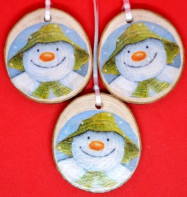 3 Wooden Wood Slice Rustic Decoupage Tree Decorations Christmas The Snowman
