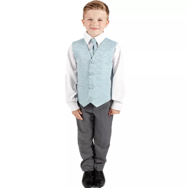 Boys Suits 4 Piece Grey Waistcoat Suit Blue Swirl Pageboy Party Formal Wedding