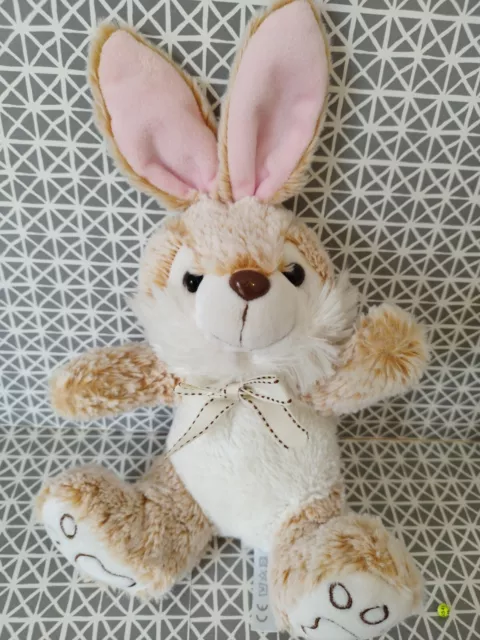 Peluche doudou lapin blanc beige chiné rose empreintes noeud 30 cm  Simba Toys
