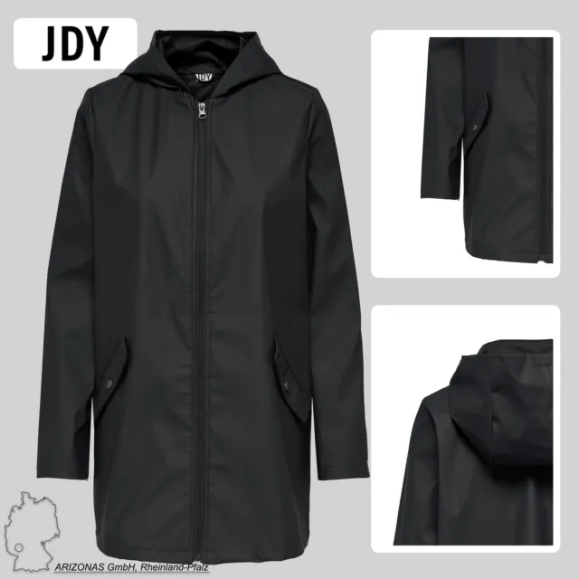 Damen Regen Jacke mit Kapuze Mantel PU Beschichtet Gefüttert Wasserdicht JDY
