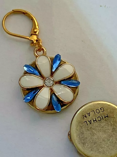 24k Gold Plated Flower Earring Blue Crystal White Enamel Handmade American Made