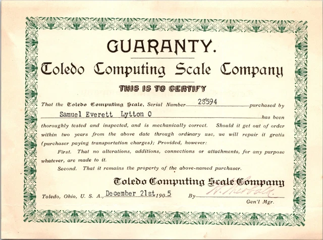 Toledo Computing Scale Company Toledo OH 1905 Product Guaranty Honest Scales