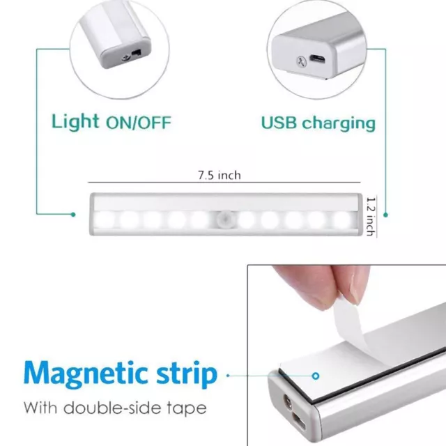 Rechargeable Motion Sensor 10 LED PIR Light Cordless Night Light Closet Stair 2