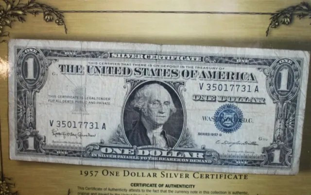 1957B series- $1 Dollar SILVER CERTIFICATE (Blue Seal) V/A Circulated Folder COA
