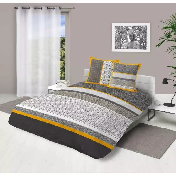 Housse de couette Tchang Gris/Jaune, Carreaux de ciment, 240x260cm, 2 personnes,