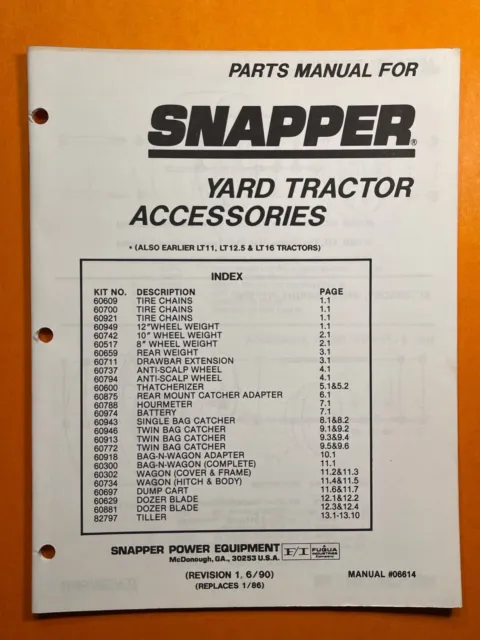 SNAPPER - Yard Tractor Accessories  (Parts Manual #06614) 1990 *Baggers / Blade*