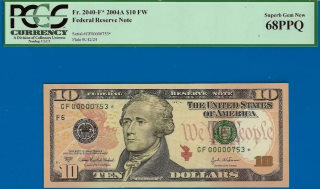 Near TOP POP - 2004-A $10 FRN (( 2nd Finest - 000753*)) PCGS 68PPQ - FR-2039-F*-