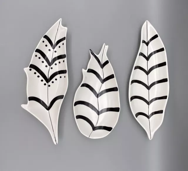 Nate Berkus for TARGET Stoneware 3 Trinket Dishes Set White Black Feather Leaf 