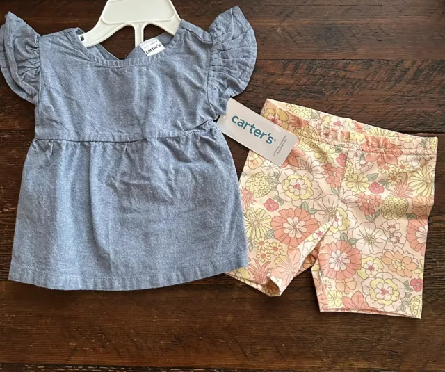 Nwt Carters 6 Months Girls Blue Chambray Cotton Top Stretch Shorts 2 Piece Set