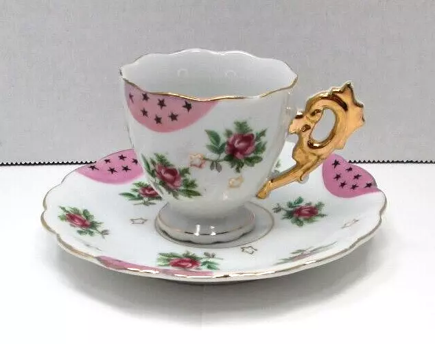 Fine Bone China Made in Japan Rose Pattern Demitasse Footed Tea Cup and Saucer