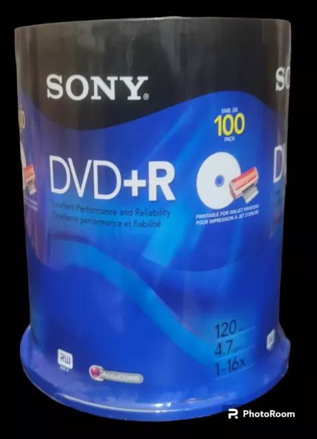 SONY DVD+R 4.7GB 120min 1-16X Recordable Blank Video Discs 100 Pack New ...