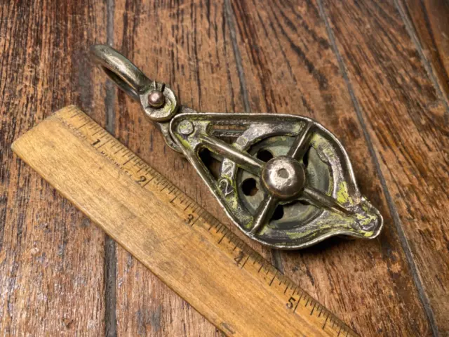 Vintage Bronze Single Skeleton Block W/Becket  1 1/2" Pulley 3/8" Line