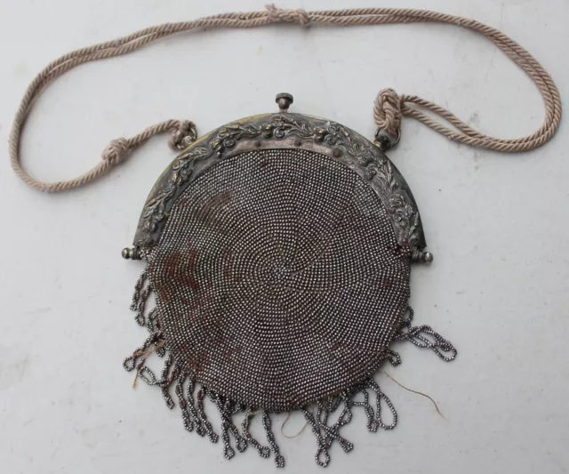 Antique Engraved Metal Frame Clasp Micro Beaded Bead Purse Bag Art Deco Nouveau