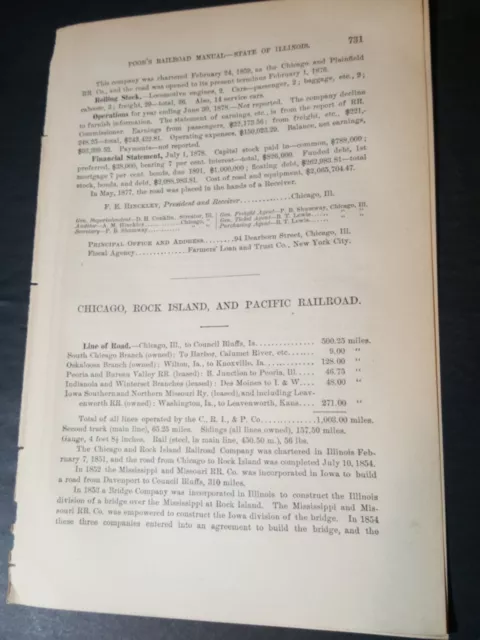 1879 train report CHICAGO ROCK ISLAND & PACIFIC RAILROAD Wilton Knoxville IOWA
