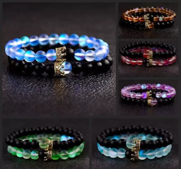 2pcs/Set Natural Mystic Aura Quartz Beads Distance CZ Crown Couples Bracelets
